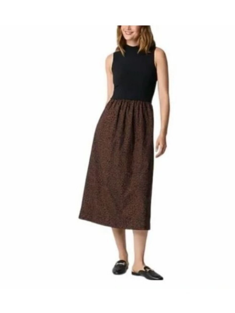 J. Crew Factory CN598 Mock Neck Mixed Media Midi Dress Leopard Black Size SP NWT
